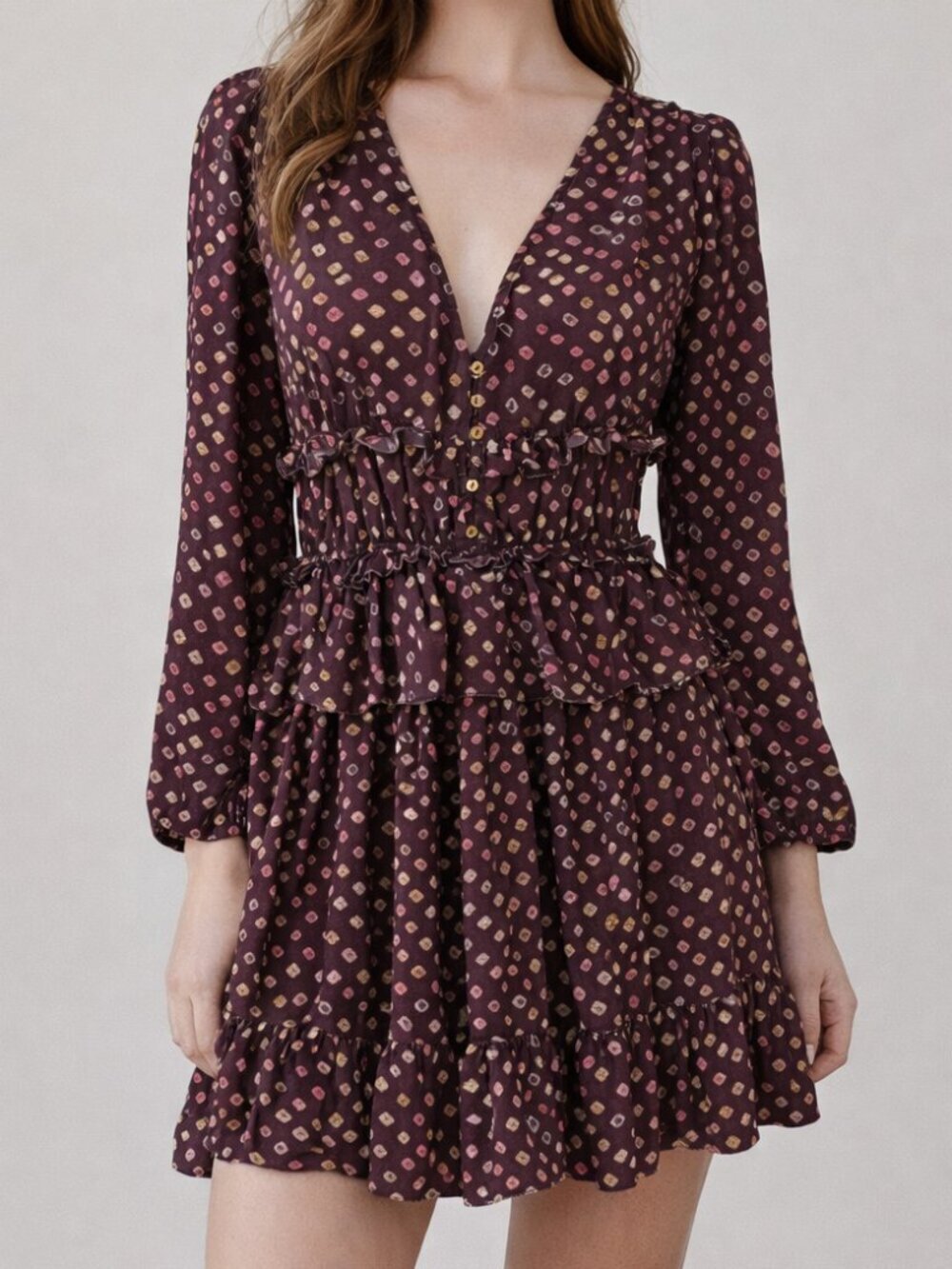 Ulla Johnson Silk Mini Dress Size 2 Brown Printed Ruffle Tiered Boho Long Sleeve